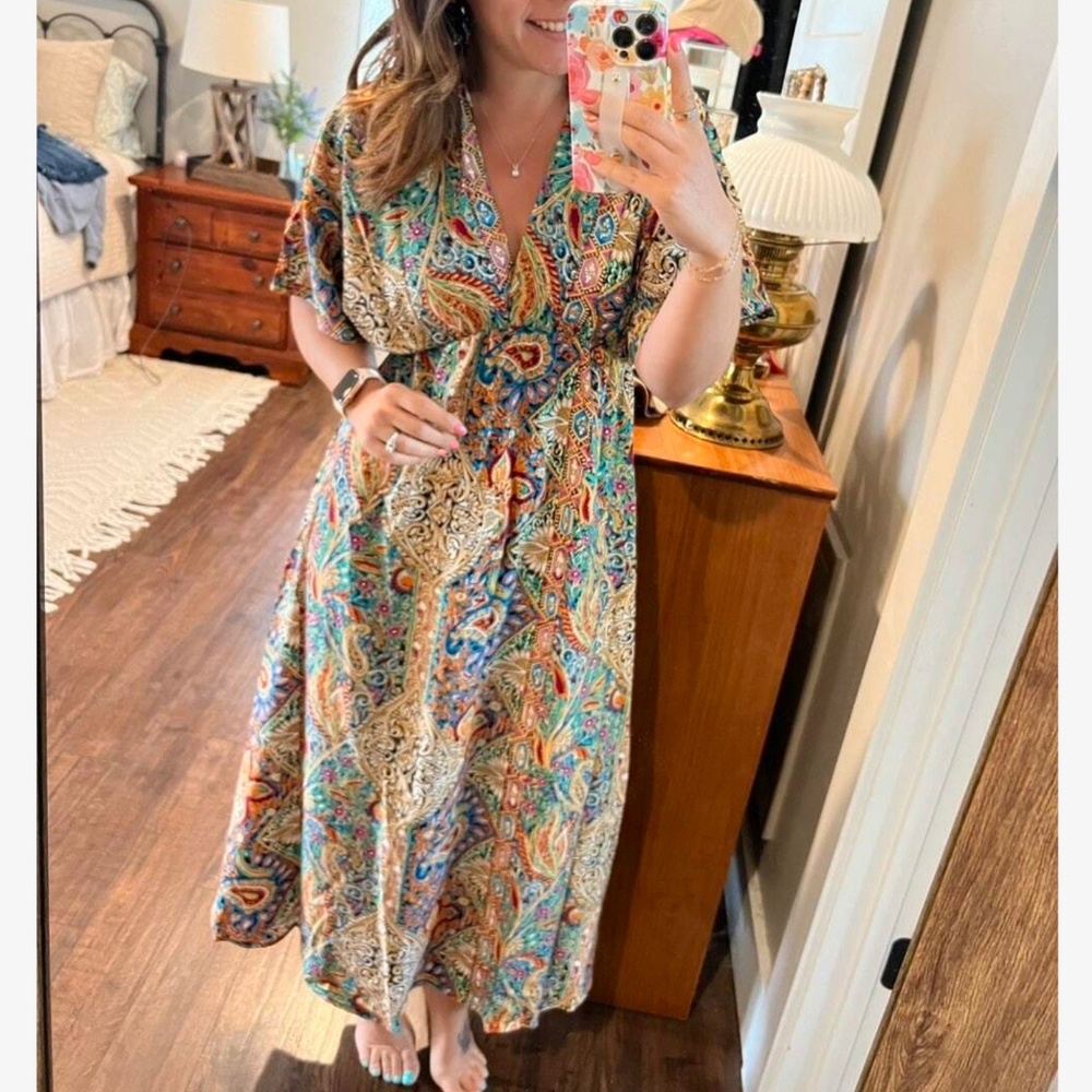 Boho Floral Print Batwing Sleeve Stretchy Waist Dress